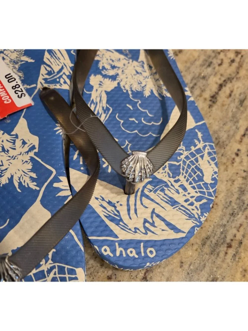 New! Tommy Bahama Womens Sz 7 Blue Flip Flops Silver Shell Waikiki Hawaii Mahalo